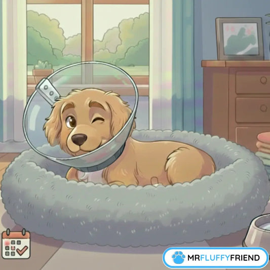 Golden retriever heureux dans un cône de récupération et un lit apaisant pendant la période de récupération après la stérilisation