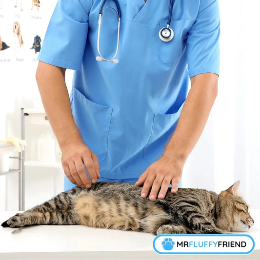 Un vétérinaire examine un chat tigré sur une table de consultation pour détecter les signes d'arthrose chez le chat