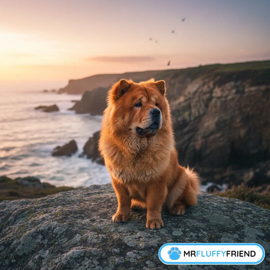 Une Chow Chow fluffy, semblable à un lion, assise majestueusement sur une falaise rocheuse au coucher du soleil, représentant le tempérament calme et indépendant de la race.
