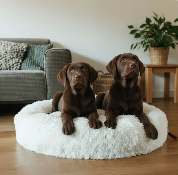 Labrador marron allongé sur un panier rond blanc et moelleux MrFluffyFriend